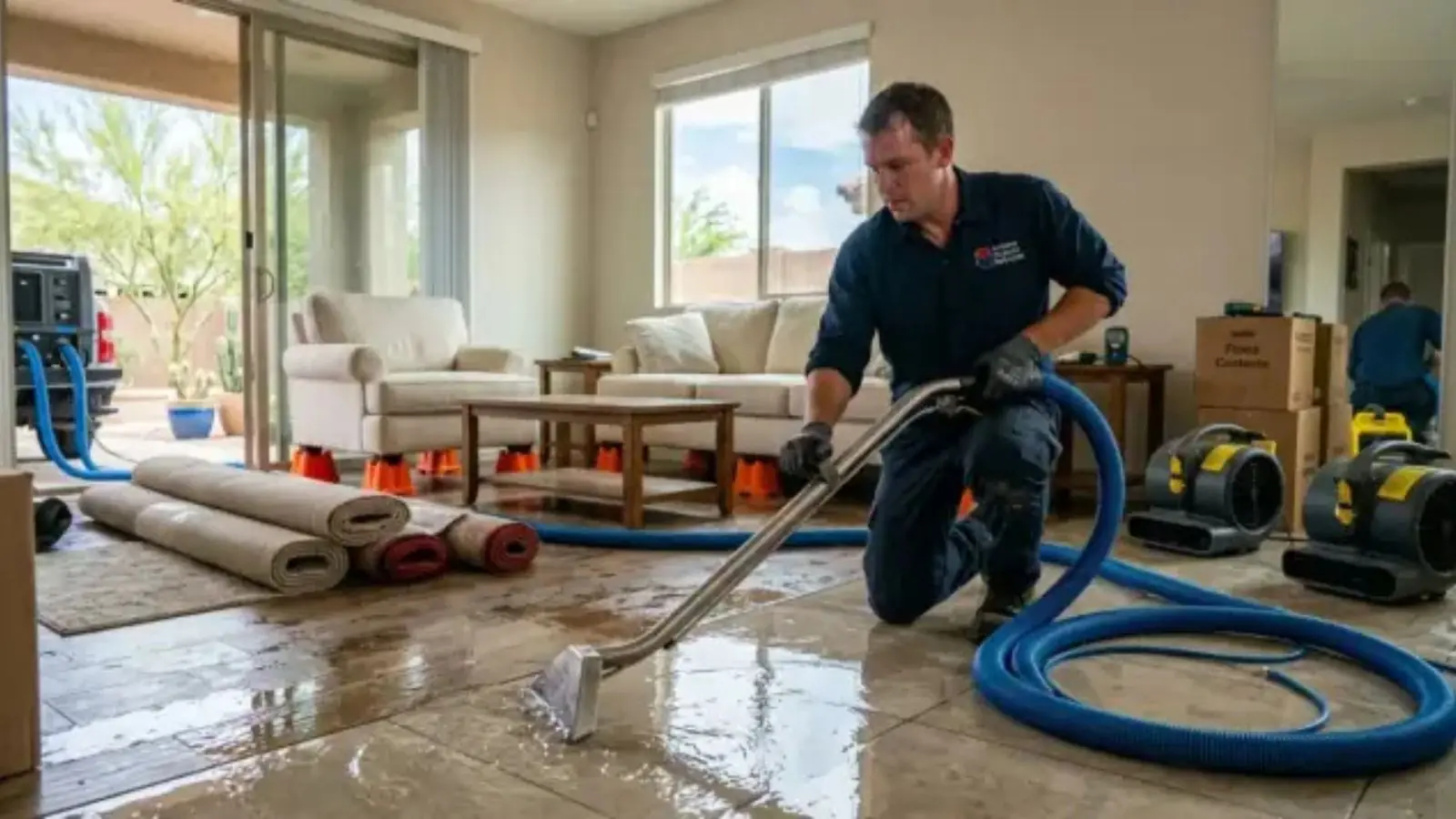 Restoration technician using a wet vacuum on a flooded living room floor with air movers running