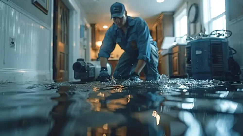 Technician running a water extraction unit in a flooded kitchen
