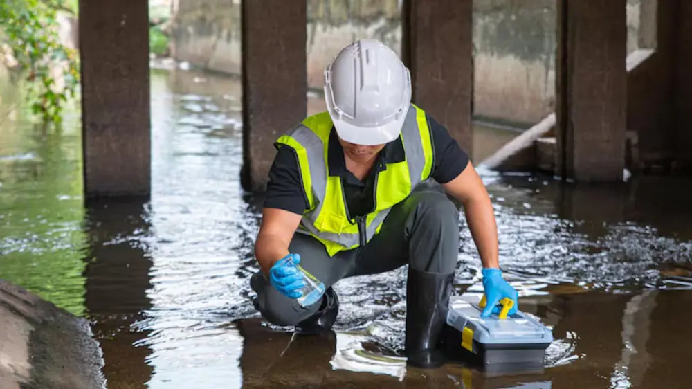 Technician in a hard hat and safety vest checking equipment in knee-deep floodwater